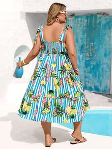 Vivid Eden Plus Size Women's Holiday Dress, Summer Boho Vacation Tropical Fruit Floral Print Tiered Midi Dress, Square Neck Tie Shoulder Sundress Party - Blue and White - View 5