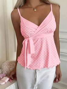 CovetEZ 女士波点扭结休闲百搭日常穿搭吊带背心 - 粉色 - 查看 2