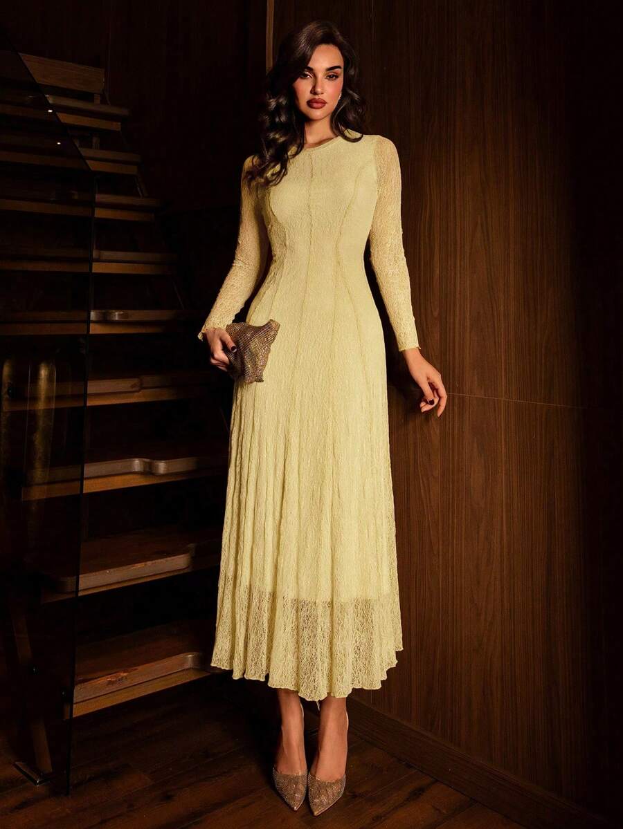 Modelyn Đầm xòe thanh lịch màu mơ dành cho nữ, thiết kế ren, thích hợp cho đi chơi, hẹn hò, dự tiệc, chiều dài ngang gối. - Màu vàng - Xem 1