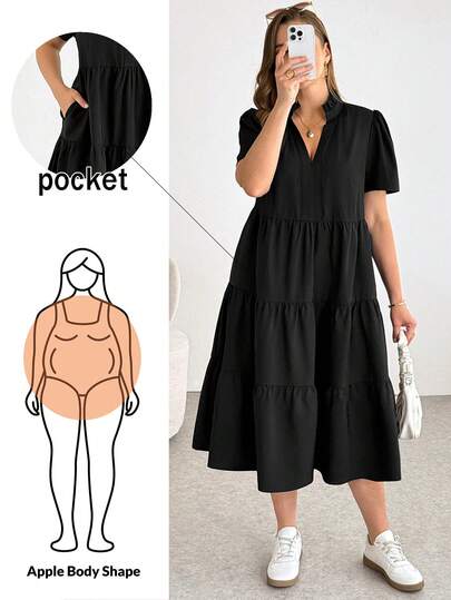 Shapeblank Plus-Size Women's Spring/Summer Fashion Casual Loose Comfortable Everyday Basic Versatile Short-Sleeved Black Midi Dress,Summer Outfits,Pocket Dress, Elegant Dress,Base Black Dress Tiered Dress Midi Black Dress Black Summer Dress Women Casual Midi Dress French Style Dress