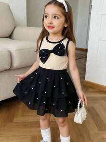 Girls' Stylish Contrast Color Sleeveless Top & Layered Skirt Set With Bow & Pearl Decor,Elegant Two Pieces Summer Birthday Party Outfit For School - Apricot - View 10