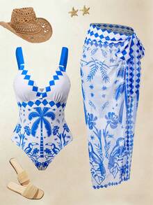SHEIN Swim Oasis 2026夏季新款蓝白渡渡鸟棕榈树印花连体泳衣，含纱笼裙，两件套，优雅休闲，适合海滩度假、音乐节、海边约会、海滩派对、泳池派对等场合。女士沙滩装，夏季泳衣比基尼套装，含罩衫，连体泳衣，收腹设计。 - 藍白色 - 查看 1