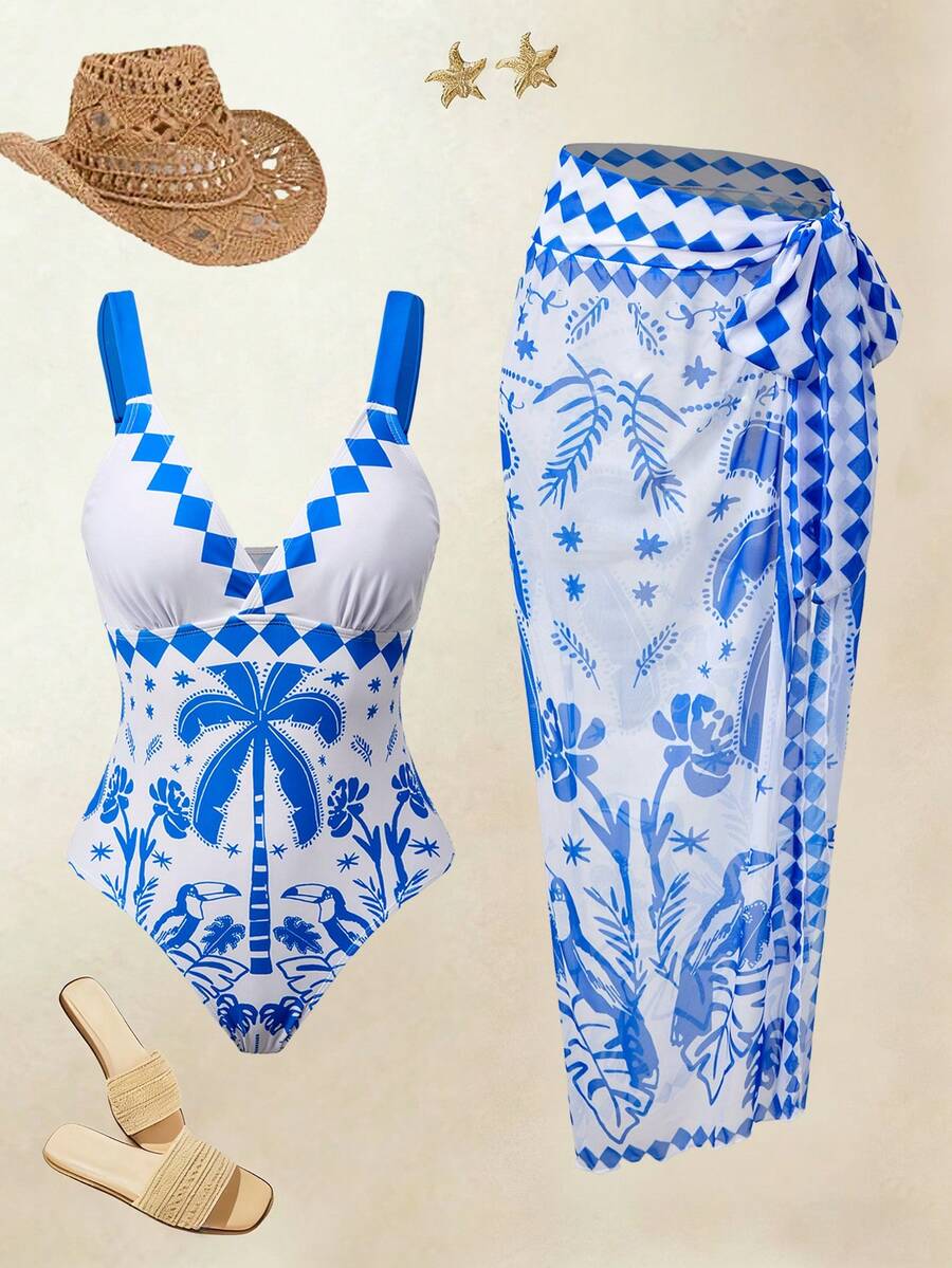 SHEIN Swim Oasis 2026夏季新款蓝白渡渡鸟棕榈树印花连体泳衣，含纱笼裙，两件套，优雅休闲，适合海滩度假、音乐节、海边约会、海滩派对、泳池派对等场合。女士沙滩装，夏季泳衣比基尼套装，含罩衫，连体泳衣，收腹设计。 - 藍白色 - 查看 1