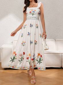 Franclia Đầm hai dây in hoa trắng, trang phục đi nghỉ mát cho nữ, đầm ôm dáng thướt tha từ xuân hè, đầm hè nữ, đầm chống nắng nữ, đầm hoa dại, đầm nữ, quần áo nữ. - trắng - Xem 6