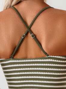 Swim Lushoire Women's Summer Vacation Casual Beach Outfit Green Striped Bikini 2-Piece Set, Adjustable Strap Vest & Swimsuit - Multicolor - View 8