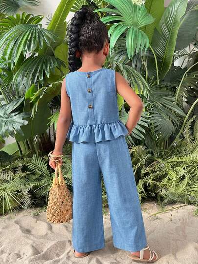 SHEIN 2件套 女童蓝色纽扣后背碎花边吊带背心+宽松长裤 休闲时尚外出套装