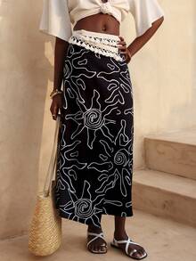 Lyxana Contrast Color Vacation Floral Print Waist Splice Tassel A-Line Skirt For Women - Black and White - View 9