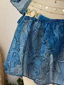 INAWLY 女士度假风腰果图案镂空荷叶边性感吊带迷你连衣裙 - 藍色 - 查看 5