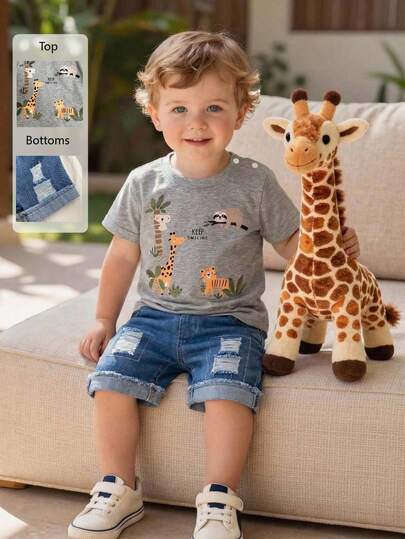 SHEIN Playful Pals 两件套男婴圆领短袖可爱动物印花T恤+松紧腰破洞牛仔短裤，休闲复古街头风穿搭，适合夏季日常穿着