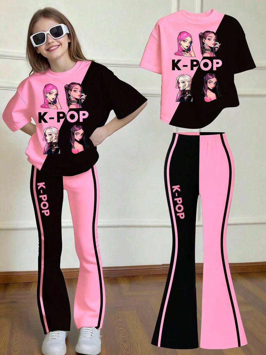 Spring And Summer Casual Fashion Creative Personality Refreshing Minimalist Cool Virtual Girl Group Graphic Print T-Shirt And Flared Pants Set, Comfortable Daily Wear - Multicolor - View 1