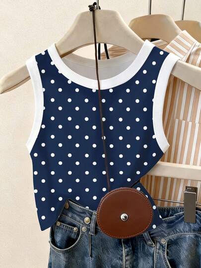 Resyla Women's Polka Dot Round Neck Contrast Trim Casual Everyday Wear Top
