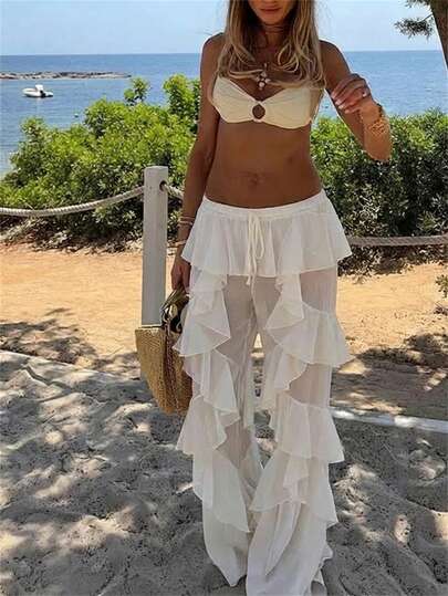 Aloruh Calça Reta de Chiffon de Cor Sólida com Bainha Franzida Multicamadas Vintage Boêmia, Adequada para Festivais de Música