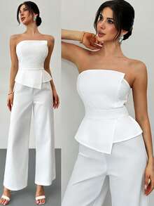 Firerie Bộ jumpsuit trắng ôm sát, thanh lịch, lãng mạn, bất đối xứng, kiểu dáng tối giản mới, thích hợp cho đám cưới, ngày Valentine, đi làm hàng ngày, xếp ly 3D, không tay, ôm dáng, dành cho nữ. - Màu be - Xem 8