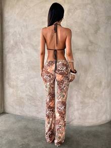 Aloruh 女士纯色露背吊带系带上衣和抽绳腰长裤休闲两件套 - 咖啡棕 - 查看 2