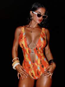 Swim SXY Red Orange,Summer,Cute,Beach Party,Holiday Tie Dye Print Deep V Lace-Up Circular Ring One-Piece Backless Swimsuit, Women's Bikinis Bathing Suits - Multicolor - View 5