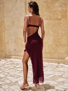 Nevyona Women's Spring And Summer Halter Belt With Hollowed-Out Design, High Side Slits, Three-Dimensional Flower Decoration, Chain Decoration, Tulle Dress, Fashionable And Sexy Party Dress, Outdoor Wear, Festival Style, Party Style Luxurious Dress Luxury Dresses For Women Sexy Dinner Dress High Quality Dress - Red Violet - View 2