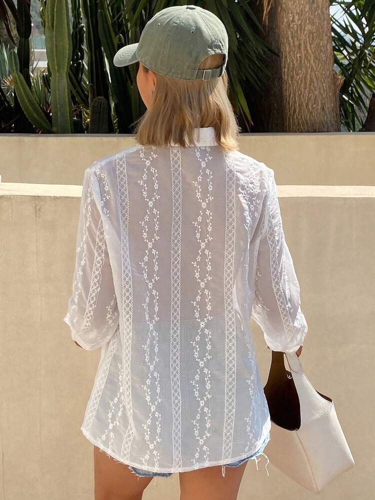 Elegant Vintage Style Solid Color Long Sleeve Blouse For Women, Spring & Summer Cover Ups For Swimwear
