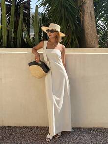 DAZY Solid Color Waist-Cinched Dress With Bow Decor, Elegant Summer Long Dress For Women Sundress - Apricot - View 4