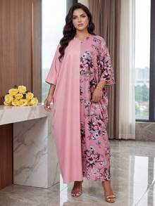 SHEIN Lady CURVE Vestito casual estivo con scollo a V, manica lunga, tinta unita rosa, con toppe a fiori, taglie comode e ampie - Rosa - Visualizzare 6