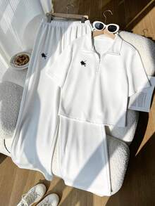 SHEIN 两件套少女时尚休闲卫衣套装，灰色翻领拉链短袖露脐连帽衫搭配宽松舒适长裤，正面刺绣设计，适合外出、室内、运动、聚会、上学、春夏秋季穿着。 - 白色 - 查看 8