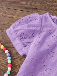 Emery Rose Kids Emery Rose Kids 女嬰休閒簡約舒適圓領泡泡袖鏤空刺繡上衣，適合日常穿著與返校季，女嬰 - 紫色 - 查看 4