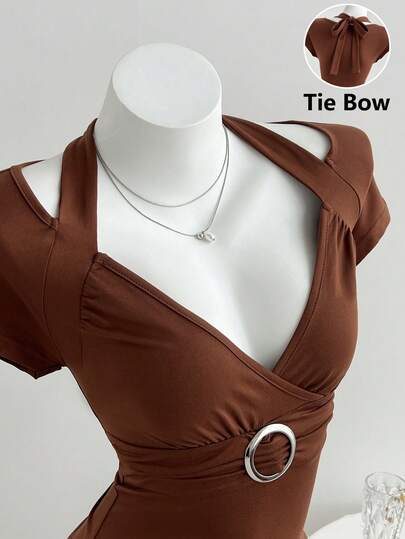 Elamini Women's YK2 Halter Backless Bow Metal Ring Decor Ruched V-Neck T-Shirt