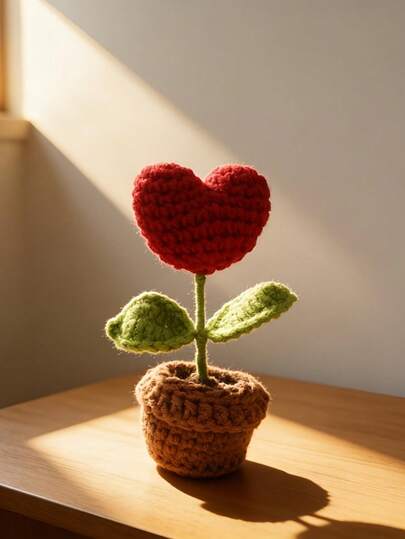 1PC Handmade Crochet Heart Shaped Flower Bunch Artificial Floral Arrangement Valentines Day Gift Love Themed Home Decor Lifelike Textured Soil Detail Vibrant Petals Craft Yarn Bouquet For Living Room Office Shelf Desk Car Ornament Elegant Tabletop Accent No Power Needed Housewarming Present Anniversary Decoration