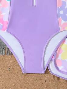 SHEIN New Fashion Girls Printed Patchwork Swimsuit Set - Purple - View 4