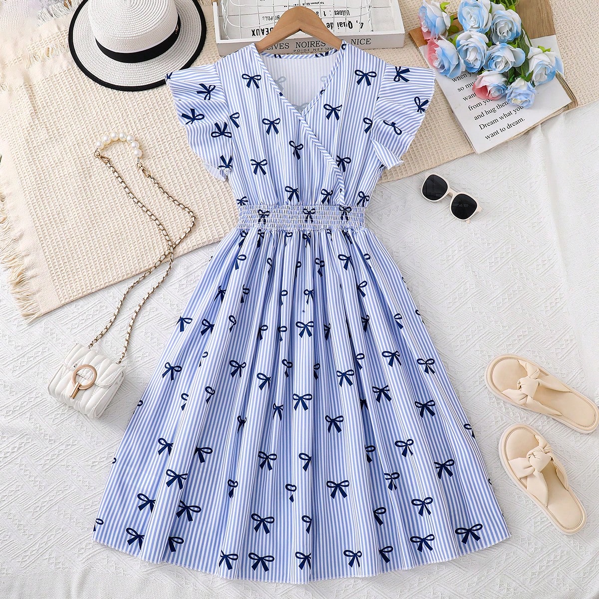 Pieza Vestido largo elegante con estampado floral y lazo en la cintura para adolescentes en verano