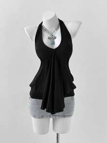 Sunspun Plus Size Women V-Neck Halter Tie Loose Backless Pleated Casual Versatile Daily Wear Top - Black - View 4