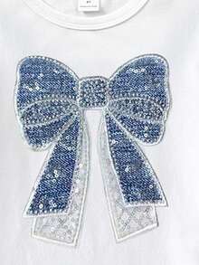 Spring And Summer Girls Casual Fashion Creative Personality Refreshing Minimalist Rhinestone Bow Denim-Look Print Casual T-Shirt And Flared Pants Set, Comfortable Daily Wear - Multicolor - View 7