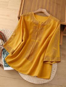Rusticease Plus Size Women's Casual White Hollow Embroidery Blouse,Fall Clothes - Yellow - View 4