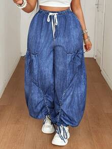 Maweii 蓝色抽绳复古简约休闲舒适裤 - 藍色 - 查看 4