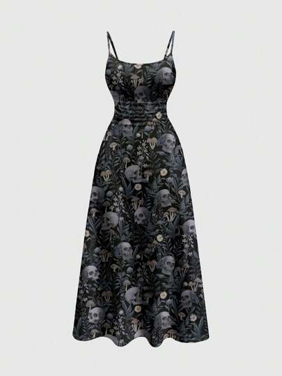 ROMWE Fairycore Gothic Floral Skull, Sun & Moon Print Sexy Slip Dress, Plus Size
