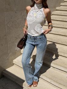 Siren Gaze Women's Elegant Casual Beige Off White Floral Lace Crochet Sheer Knit High Neck Halter Backless Sleeveless Fitted Slim Tank Top, Summer Beach Vacation Holiday Daily Wear Party Night Out Outfit - White - View 6