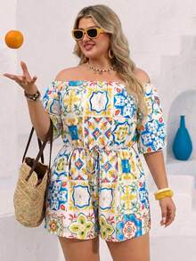 Vivid Eden 大码波西米亚风露肩宽松腰短款连体裤，适合休闲度假穿着 - 黃色 - 查看 11