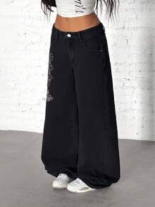 StreetHx Women's Button Pocket Dragon Print Casual Versatile Low-Waist Jeans For Daily Wear - Black - View 4