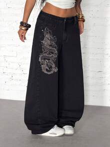 StreetHx Women's Button Pocket Dragon Print Casual Versatile Low-Waist Jeans For Daily Wear - Black - View 6