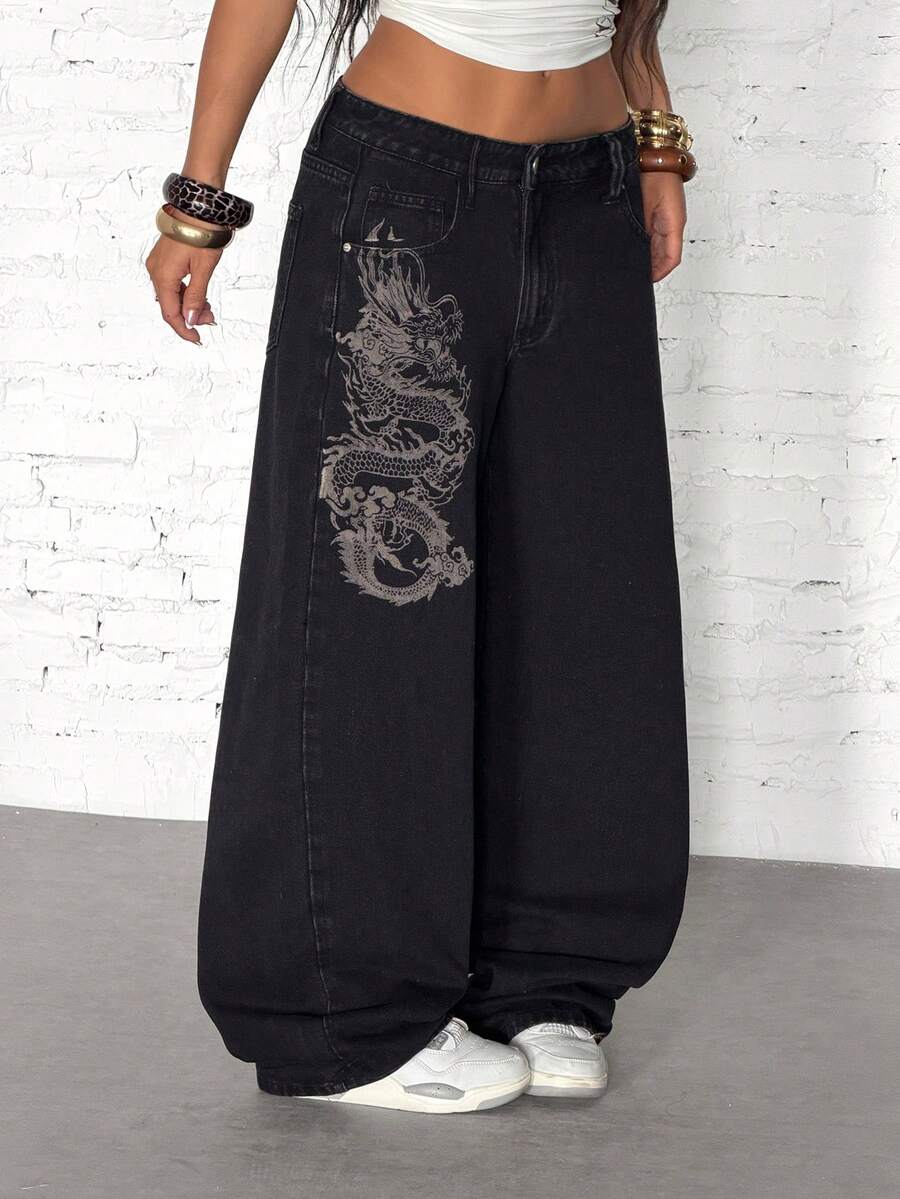 StreetHx Jeans casuales y versátiles de talle bajo con bolsillo con botón y estampado de dragón para uso diario de mujeres - Negro - Ver 1