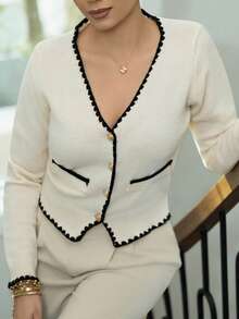 Melissa Matos Nuevo Cárdigan de Punto con Cuello en V de Estilo Francés, Versátil - Beis - Ver 6