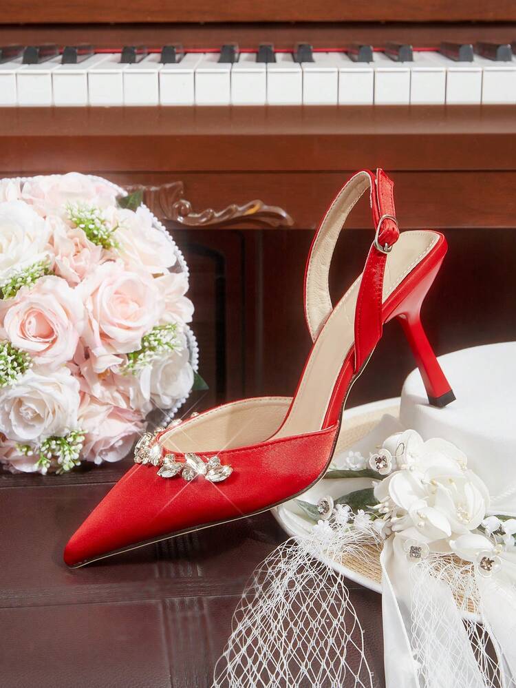 CUCCOO HITCHD Women's Pointed Toe High Heel Rhinestone Red Satin Comfortable Elegant Charming Lady High Heel Sandals, Suitable For Bride, Wedding, Party, Formal Occasions