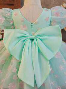 SHEIN Glamorique Kids 花童生日派对婚礼节日礼服，配有可拆卸大蝴蝶结；女婴黄色泡泡袖连衣裙；绿色网纱层叠3D立体花朵公主裙；可爱泡泡袖优雅正式连衣裙；娃娃装；女婴派对连衣裙；女婴公主裙；女婴公主裙；特殊场合连衣裙；薄荷绿花朵婴儿连衣裙；女婴派对连衣裙；婴儿婚礼连衣裙；女婴派对连衣裙；女婴蓝色花朵连衣裙；蝴蝶连衣裙；女婴仙女裙 - 綠色 - 查看 5