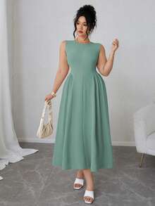 Elenzga 大码女式纯色圆领褶皱无袖优雅连衣裙长款女装 - 水鴨藍 - 查看 7