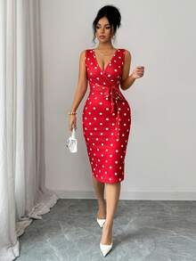 SHEIN PETITE 优雅波点印花荷叶边系腰中长连衣裙，休闲日常穿着，适合派对、度假，也适合情人节、婚礼等场合，时尚红色连衣裙 - 紅色 - 查看 4