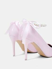 CUCCOO HITCHD Women's Spring/Summer New Fashion Versatile Cute Bow Pearl Chain Beaded Minimalist Elegant Pointed Toe Shoes, Romantic Powder Pink PU Leather Slip-On Low Vamp High Heel Pumps, Suitable For Wedding, Party, Date, All Seasons - Pink - View 12