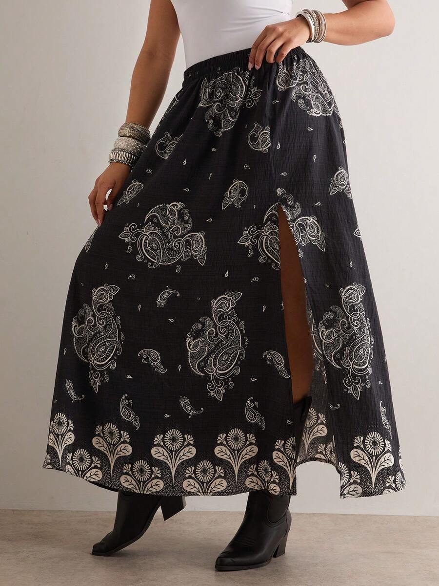 Freevana Chân váy cạp cao kiểu Bohemian nền đen in hoa trắng, dáng rộng, thoải mái, phong cách vintage, dài cho phụ nữ cỡ lớn, thích hợp cho mùa hè. - màu đen - Xem 1