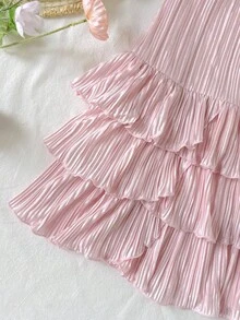 SHEIN 少女纯色褶皱时尚派对吊带连衣裙 - 粉色 - 查看 5