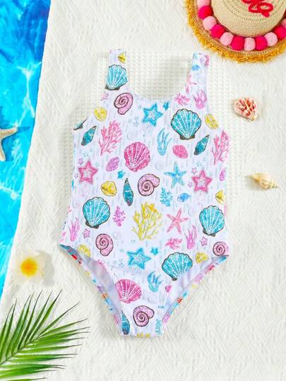SHEIN Young Girl Cute Floral Print Halter Swimsuit, Casual & Adorable Style, Suitable For Spring/Summer, Vacation, Beach, Pool Party