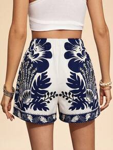 Travachic Plus Size Women Palm Tree Print Casual Culottes - Blue and White - View 2