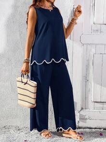 SHEIN Maternity Casual Sleeveless Top And Pants 2 Pieces Set - Navy Blue - View 6